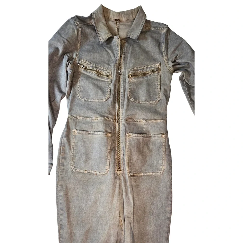 Free People Grey Denim Utility Jumpsuit Long Sleeve Zip Front Boilersuit Womens